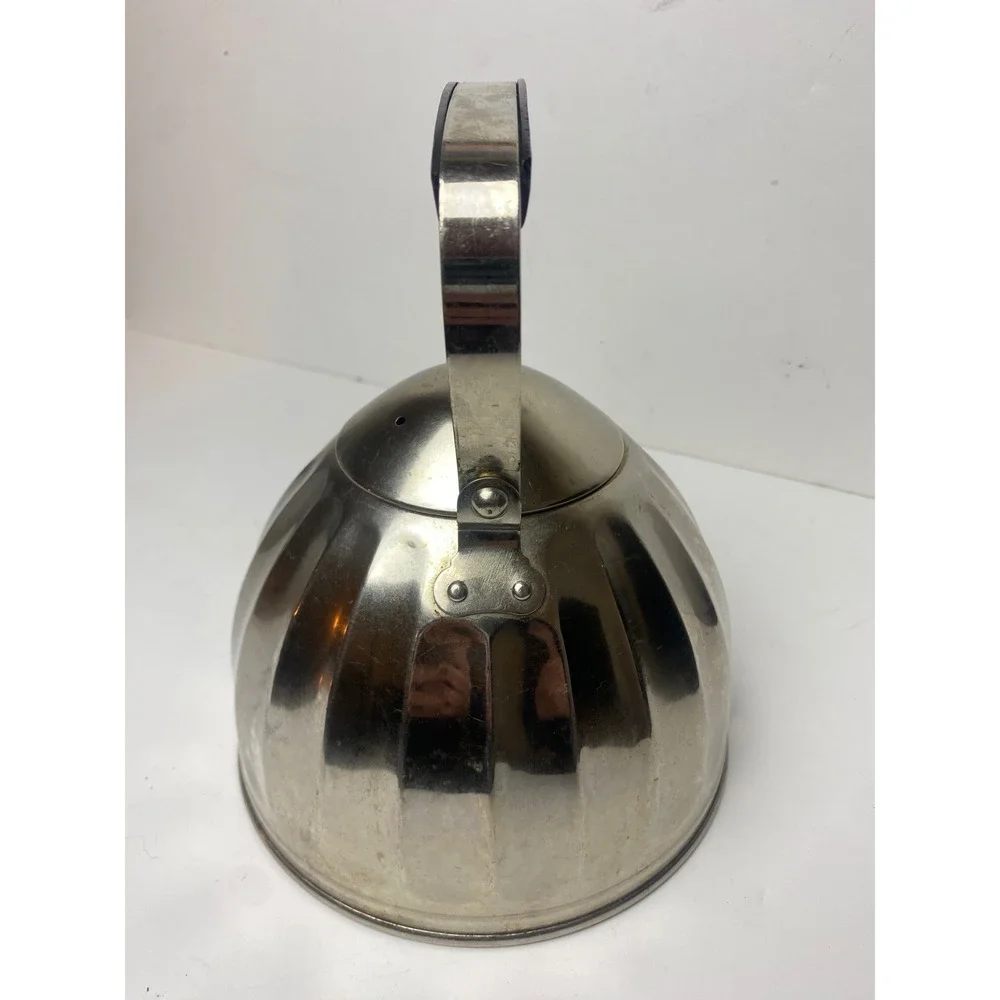 Vintage Soviet USSR Tea Kettle Nickel Plated Bronze Bakelite Handle Melon Shape